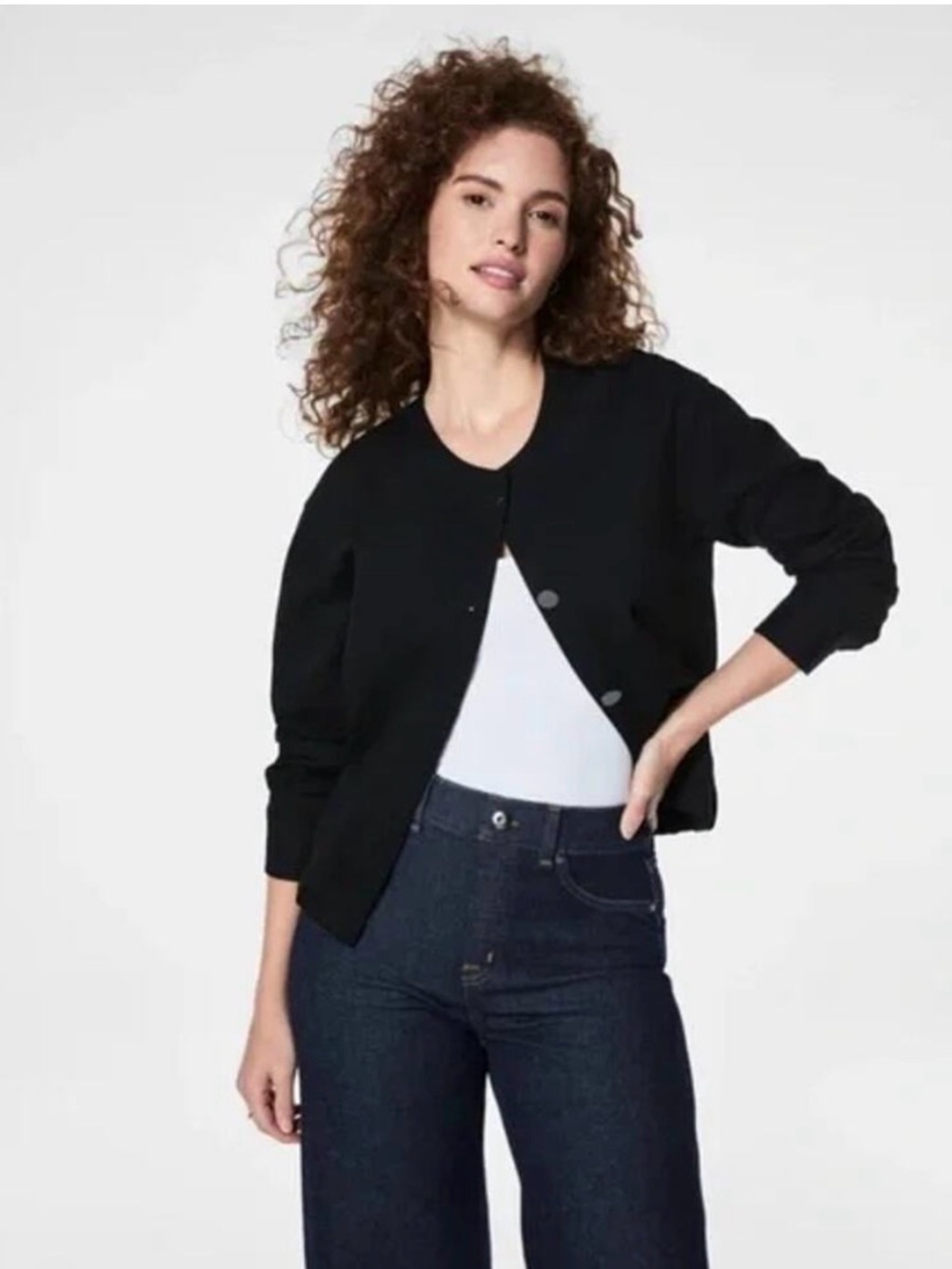 Spanx Classic Navy Ponte Button-Front Crewneck Bomber Jacket Size M